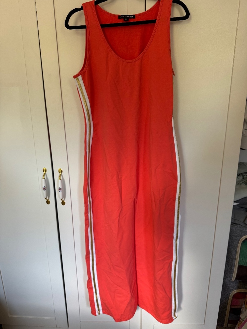 Boston Proper L Coral Gold Side Stripe Maxi Sport Dress